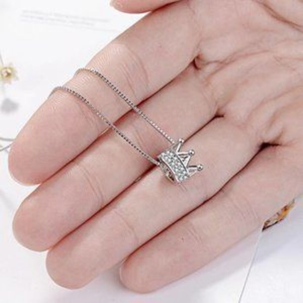 925 Sterling Silver Diamond Crown Necklace B - Picture 2 of 5